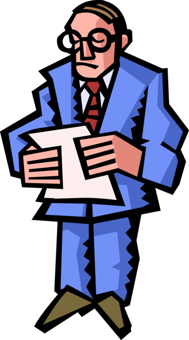 Vector Illustration of Businessman Reads Notes on Paper Document
