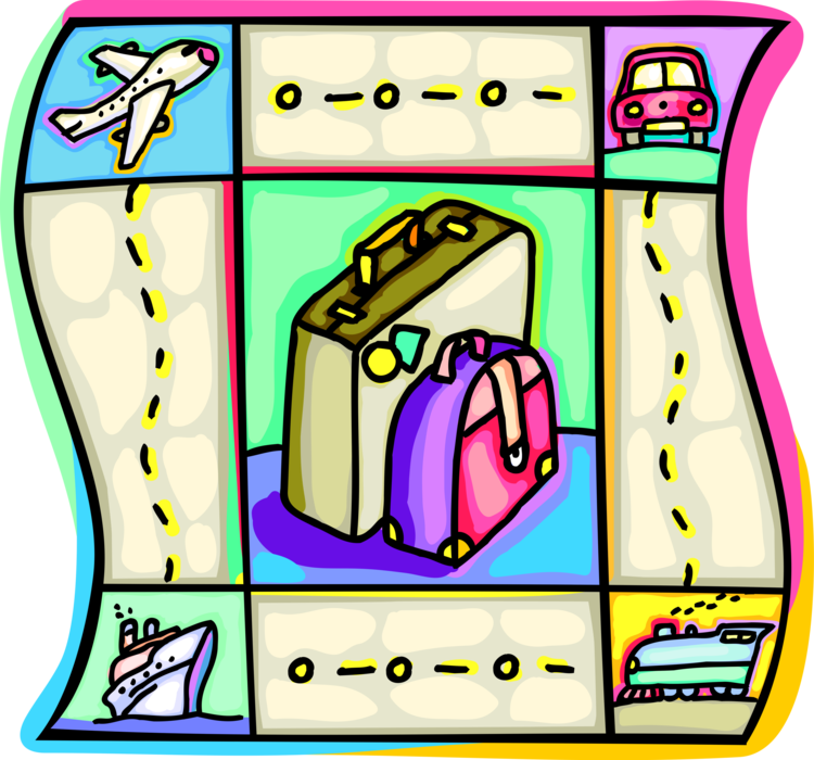 Vector Illustration of Traveler's Baggage or Luggage Suitcase with Modes of Transportation