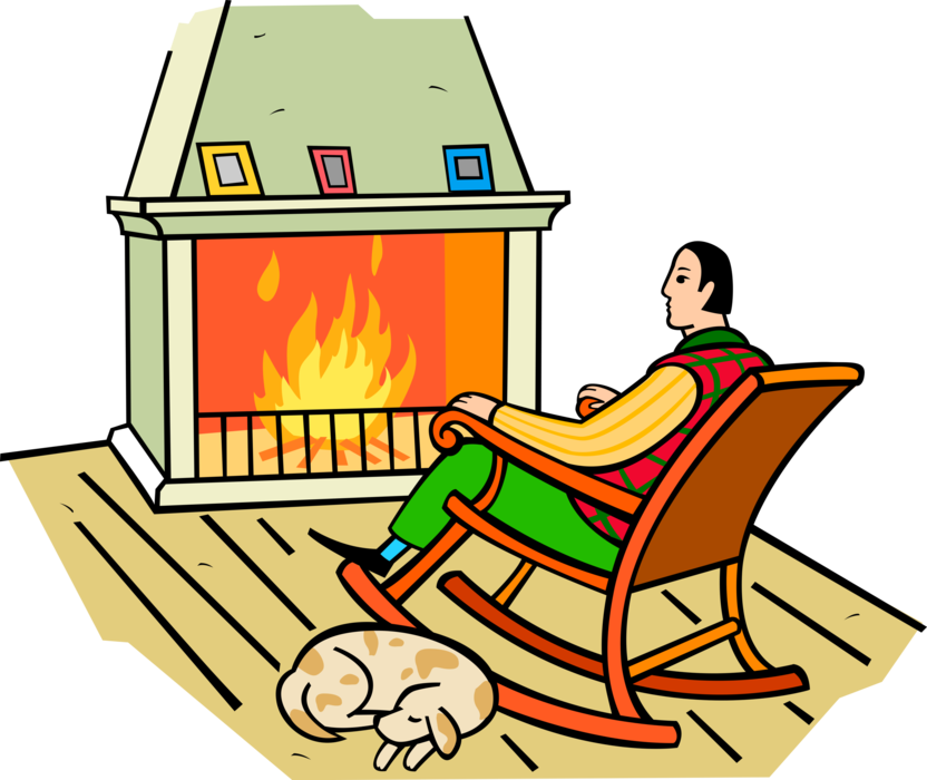 Vector Illustration of Man Sits in Rocking Chair with Fire in Fireplace as Family Dog Sleeps