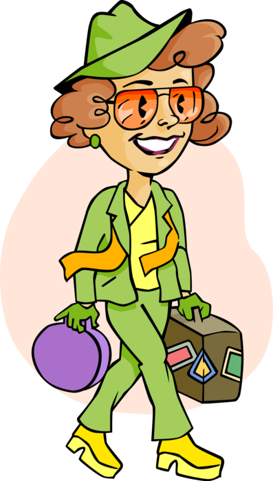 Vector Illustration of Traveler on Journey Walking with Travel Luggage and Handbag 