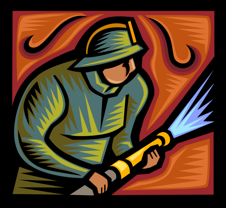 Vector Illustration of Fireman Firefighter Fights Fire Blaze with Firehose and Water