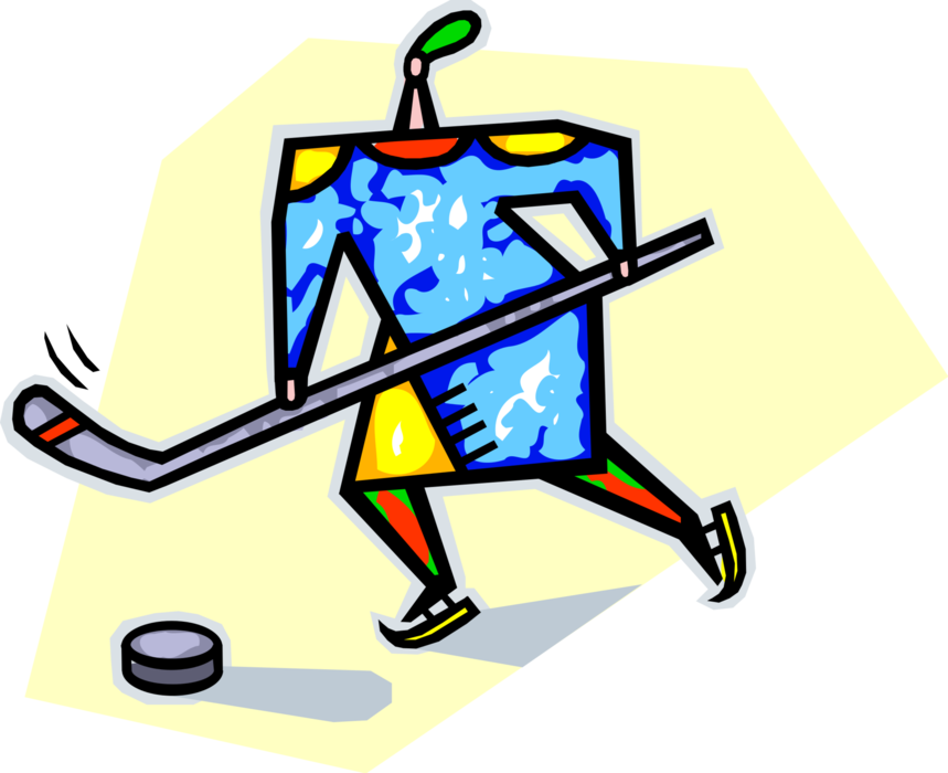 Vector Illustration of Sport of Ice Hockey Player Skating with Hockey Stick and Puck