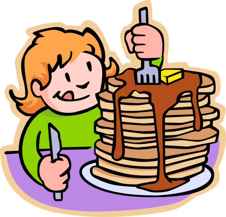 Vector Illustration of Primary or Elementary School Student Girl Eats Stack of Flapjack Pancakes for Breakfast