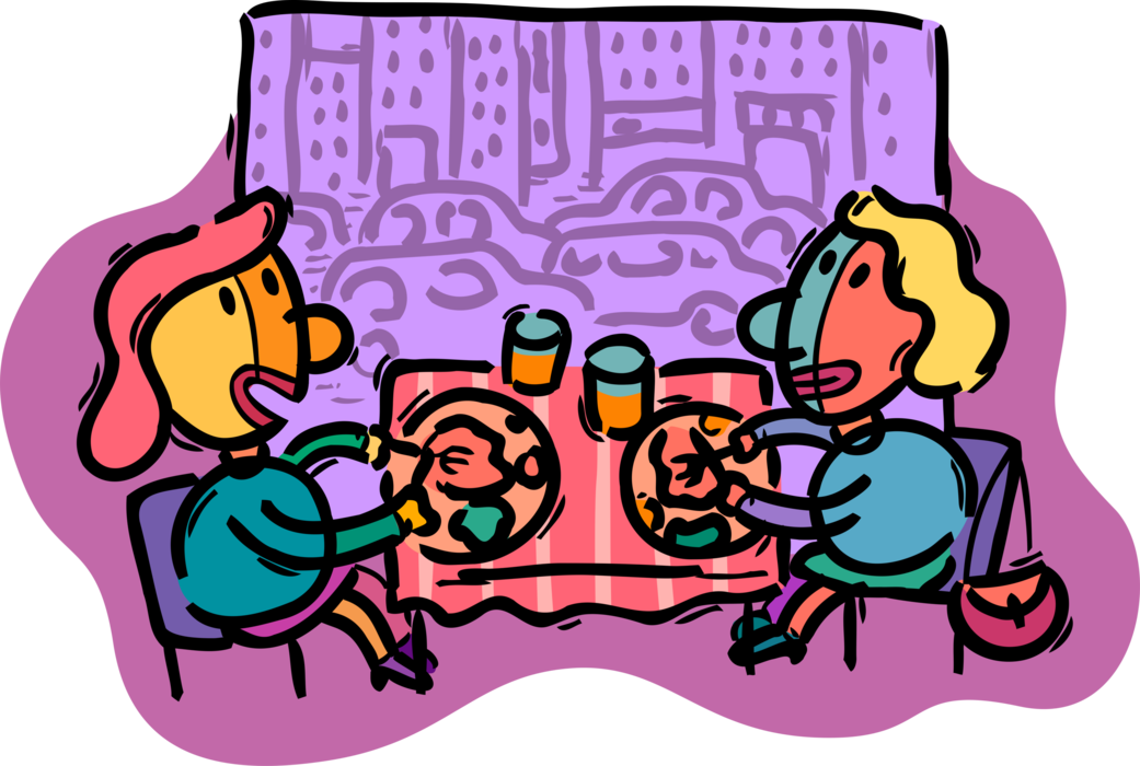 Vector Illustration of Co-Workers Have Lunch Together in Downtown Restaurant