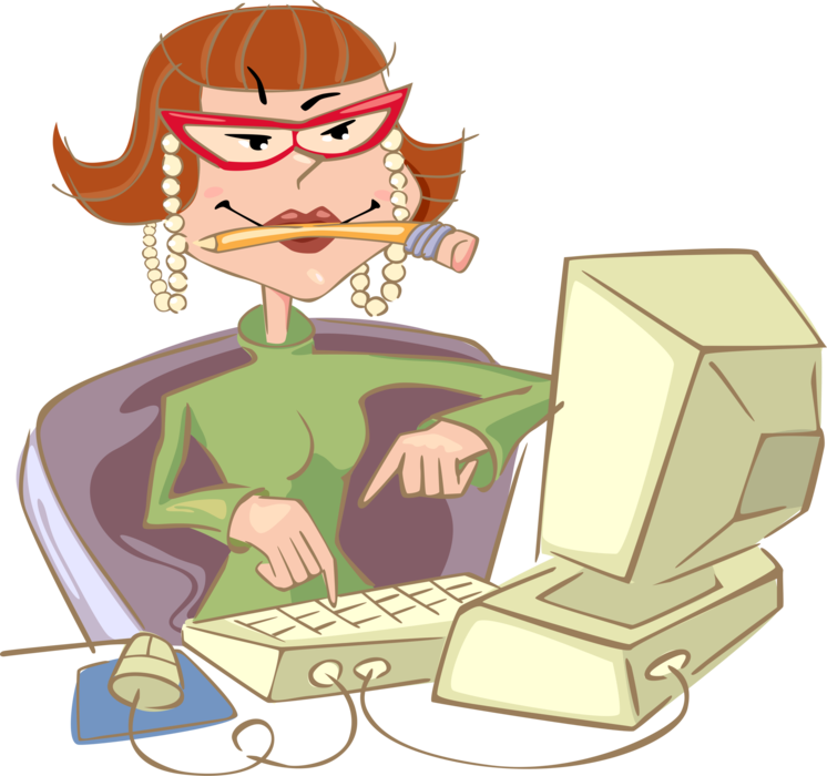 Vector Illustration of Businesswoman Typing on Keyboard with Personal Desktop Computer