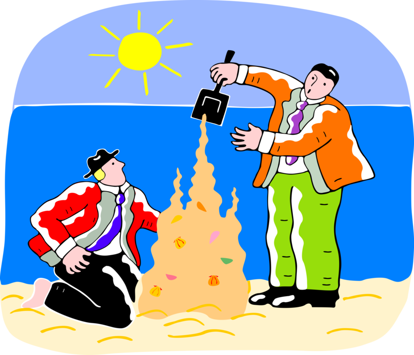 Vector Illustration of Businessman Builds Sand Castle on Beach