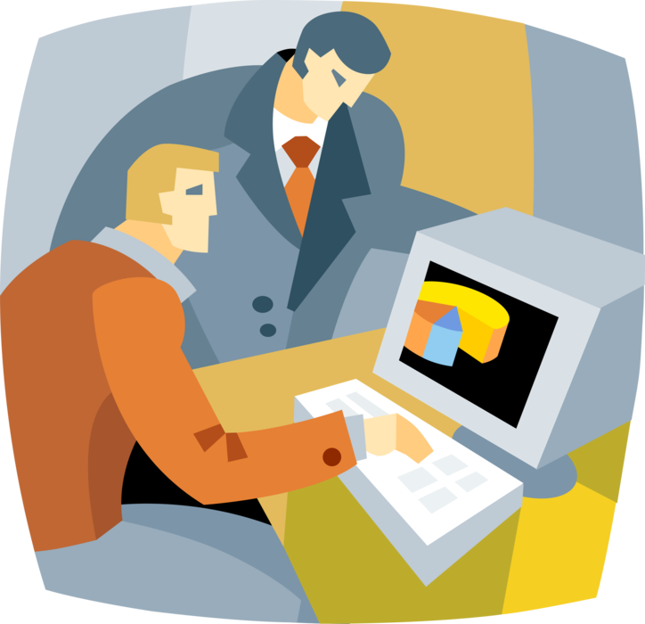 Vector Illustration of Businessmen Create PowerPoint Presentation Computer Pie Chart Graph