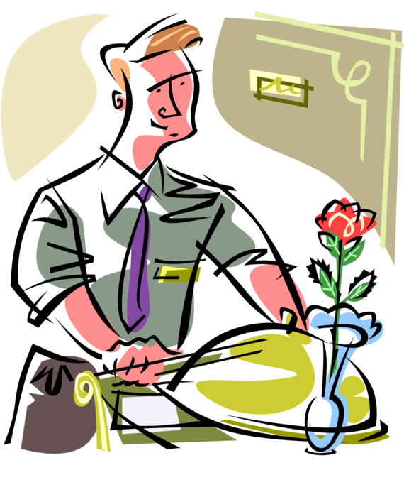 Vector Illustration of Hospitality Industry Hotel Restaurant Waiter Delivers Room Service Food Tray with Rose in Vase