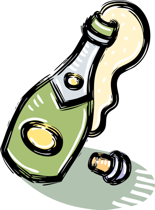Vector Illustration of Champagne Carbonated Sparkling Wine Bottle Overflows with Bubbly Champagne
