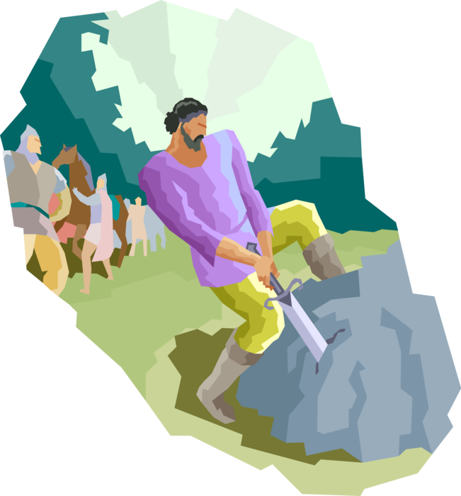 Vector Illustration of Arthurian Legend of King Arthur of Britain Removing Excalibur Sword from Stone