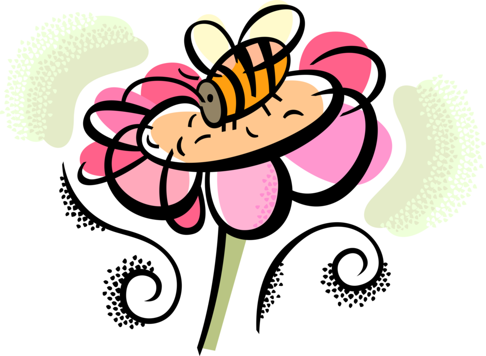 Vector Illustration of Garden Flower and Honey Bee Honeybee Collects Nectar
