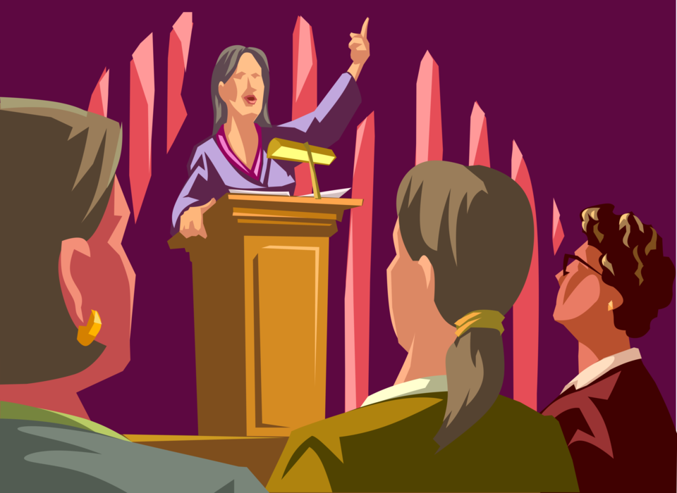 Vector Illustration of Businesswoman Leader Delivers Speech at Podium on Stage