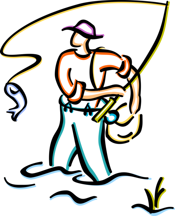 Vector Illustration of Sport Fisherman Angler in Waders Stands in Stream and Catches Fish with Fishing Rod