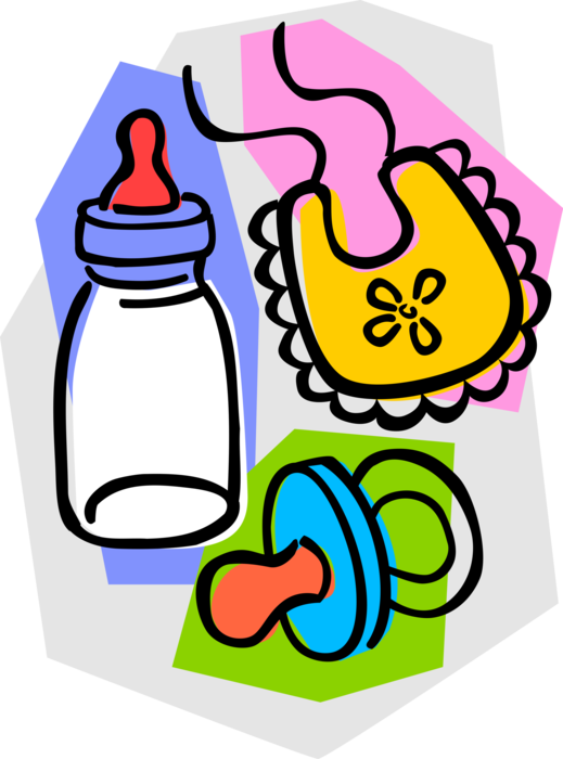 Vector Illustration of Newborn Infant Baby's Bottle with Pacifier Soother and Bib