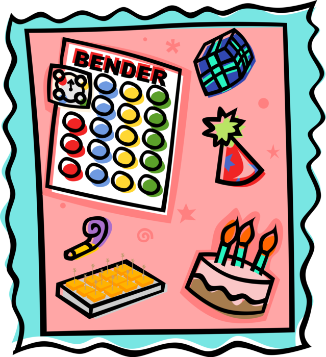 Vector Illustration of Birthday Party Games, Cake, Party Hat and Favors