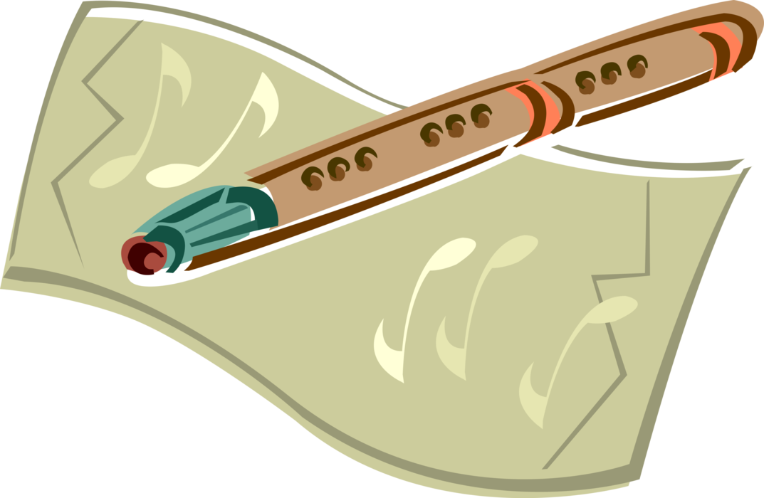 Vector Illustration of Wooden Flute Musical Instrument with Music Sheet