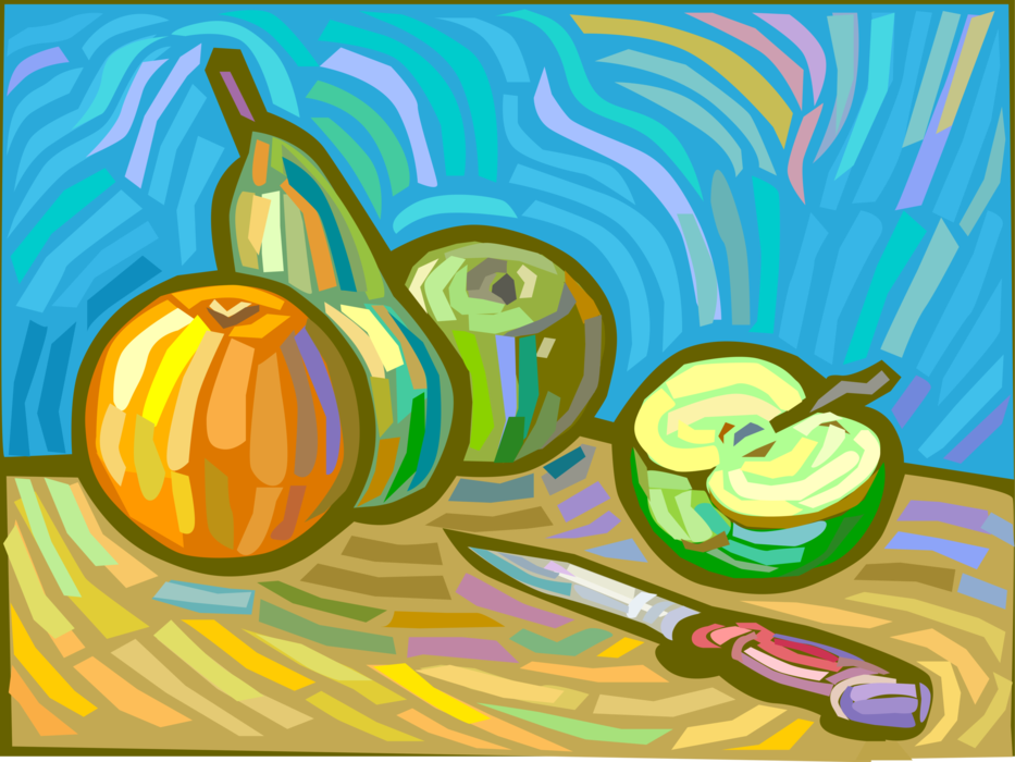 Vector Illustration of Orange, Pear, and Apple Fruit with Kitchen Knife