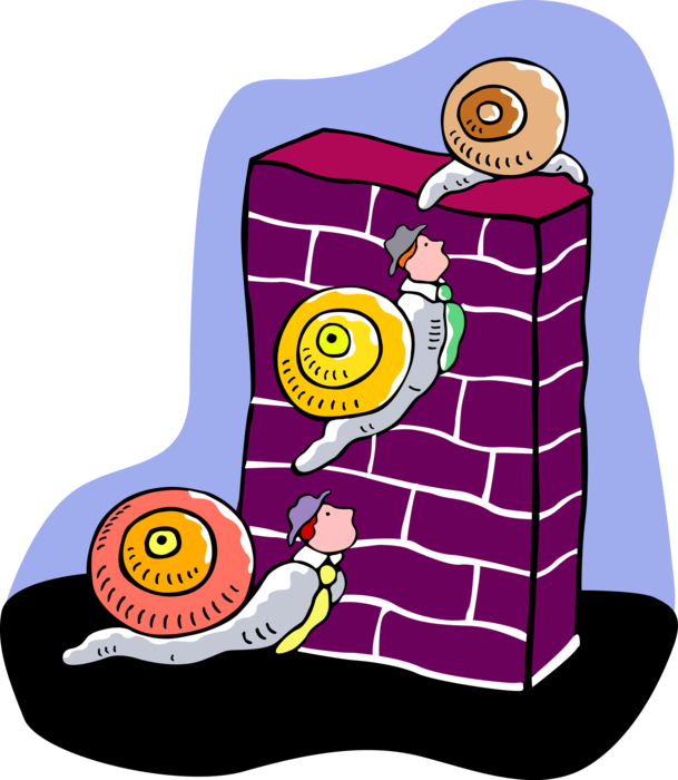 Vector Illustration of Businessman Snails or Terrestrial Gastropod Mollusks Climbing Brick Wall