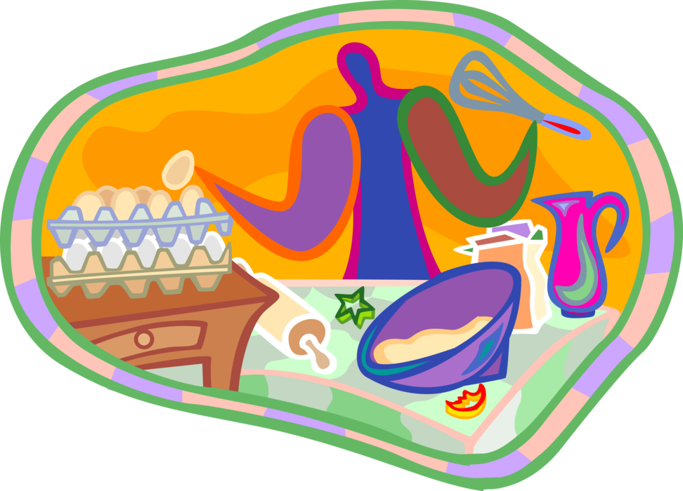 Vector Illustration of Baker Baking in Kitchen Makes Dough with Eggs and Flour