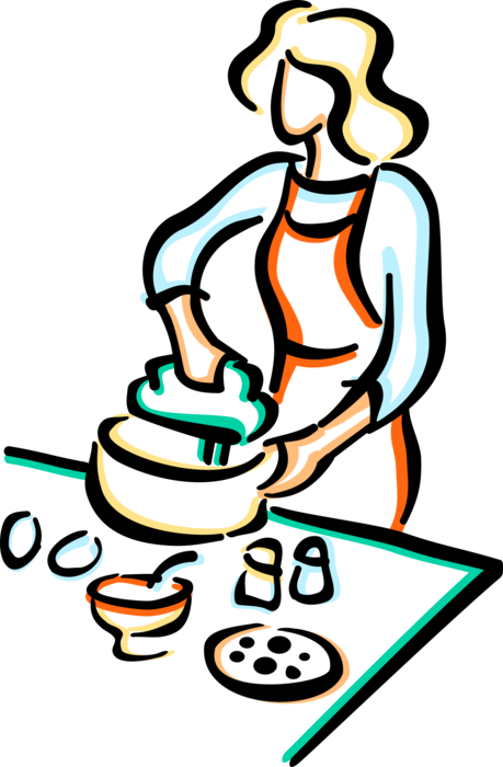 Vector Illustration of Mother Mixes Food with Electric Blender Mixing Bowl in Kitchen