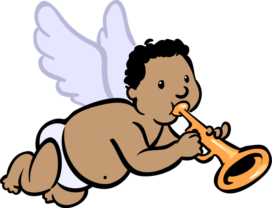 Vector Illustration of Winged Cupid Angel God of Desire and Erotic Love Plays Trumpet Brass Musical Instrument