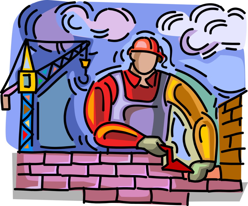 Vector Illustration of Mason Bricklayer Builds Masonry Wall with Bricks and Mortar