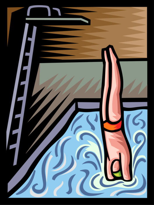 Vector Illustration of Competitive Diver Dives from High Diving Board into Swimming Pool