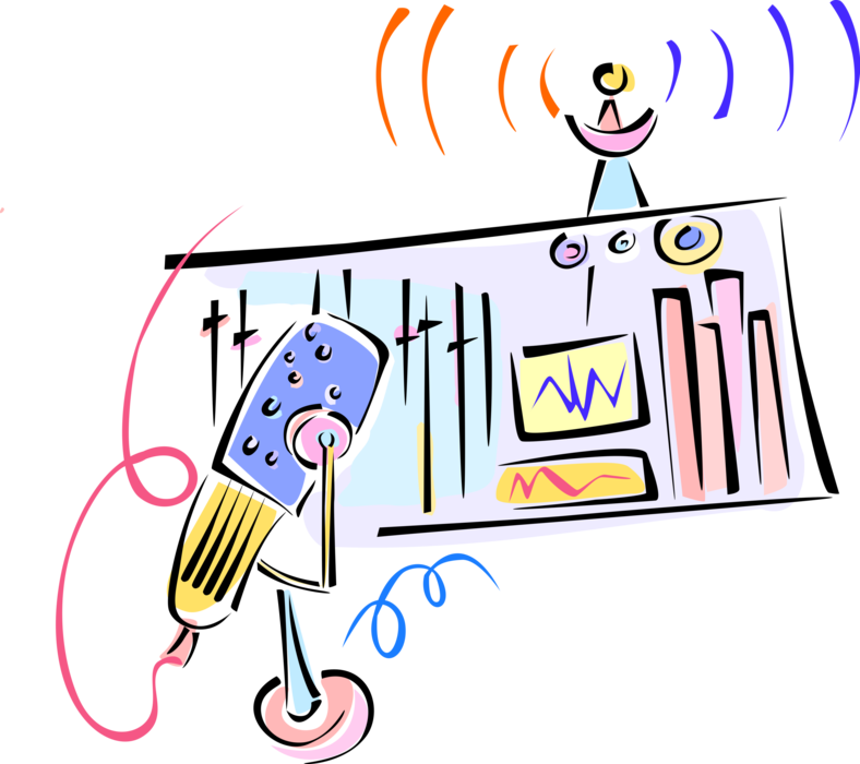 Vector Illustration of Broadcast Radio Transmission via Satellite Radio with Microphone and Control Panel