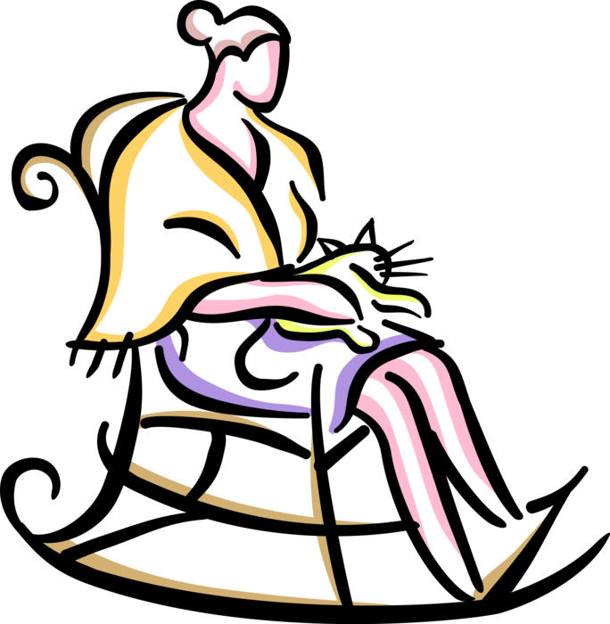 Vector Illustration of Grandmother Relaxing in Rocking Chair with Domestic Housecat Cat Pet