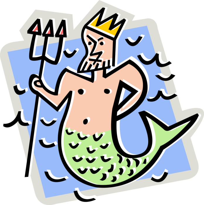 Vector Illustration of Mythological Greek God Triton, Son of Poseidon, Messenger of the Sea with Trident