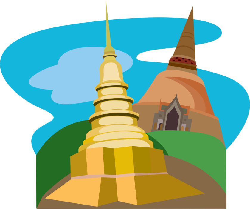 Vector Illustration of Buddhist Phrathat Hariphunchai Temple, Phra Sri Rattana Chedi, Bangkok, Thailand