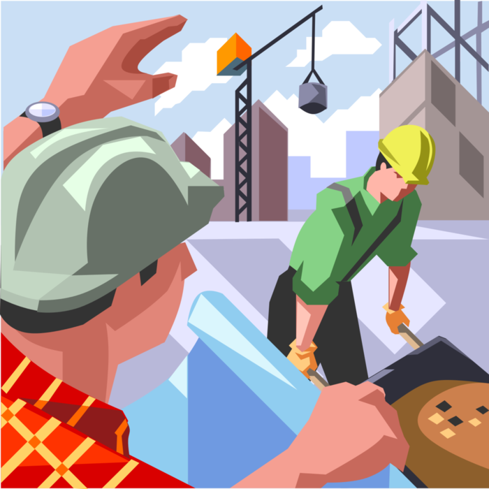 Vector Illustration of Construction Workers at Building Construction Site