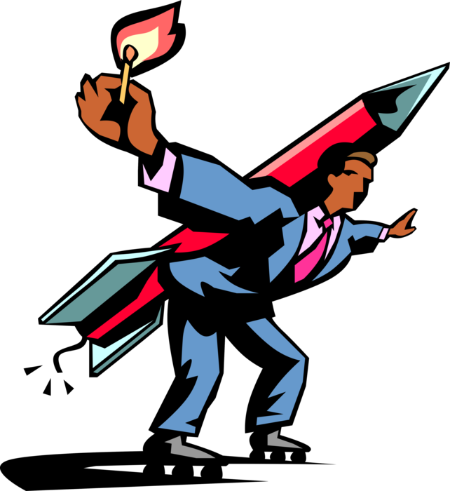 Vector Illustration of Businessman on Inline Skates Lights Rocket Fuse with Burning Match