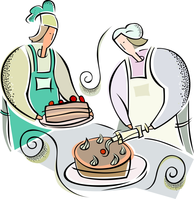 Vector Illustration of Pastry Chef Decorating Cake in Bakery