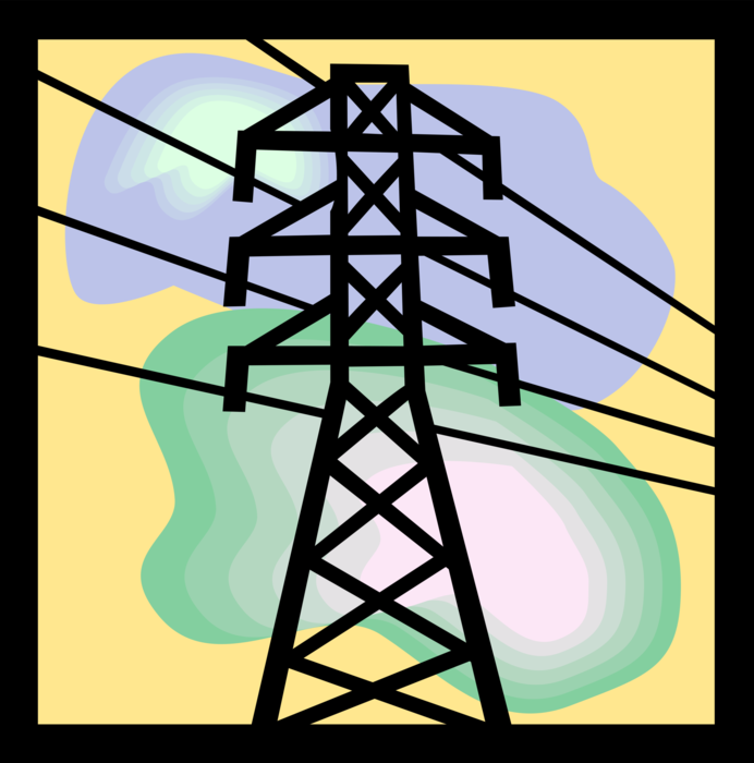 Vector Illustration of Transmission Tower Carries Electrical Power Lines to Distribute Electricity