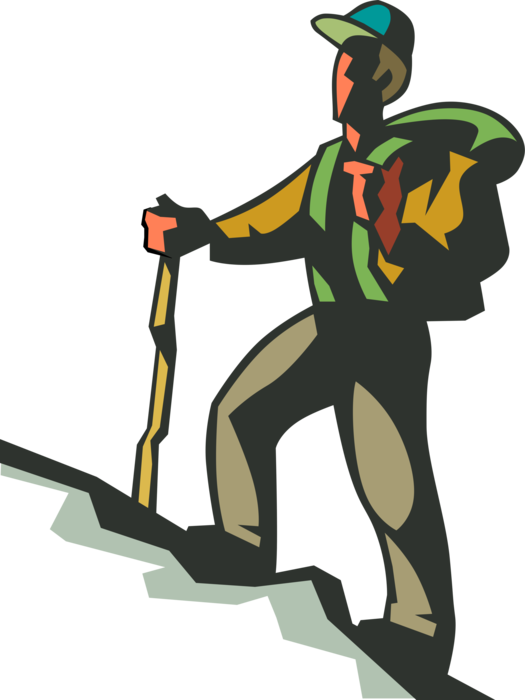 Vector Illustration of Hiker Hikes Up Hill with Hiking or Walking Stick