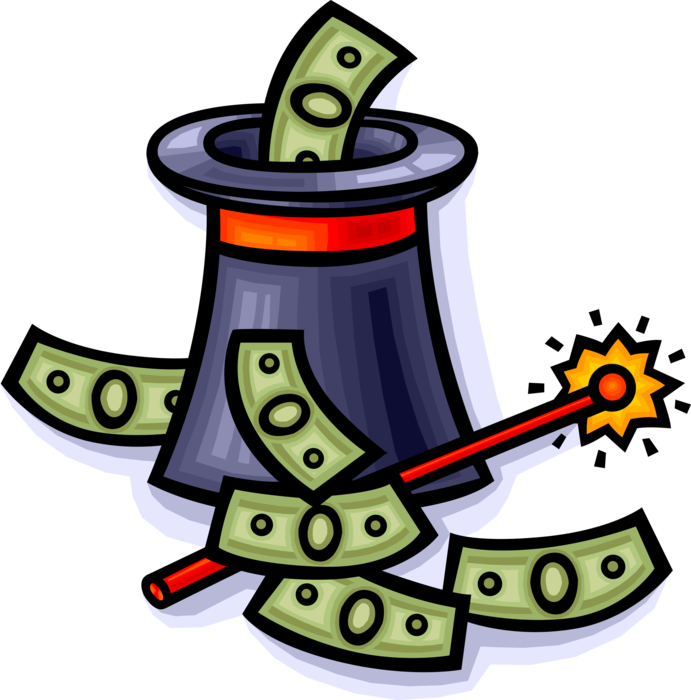 Vector Illustration of Magician's Hat and Magic Wand with Cash Money Dollar Bills