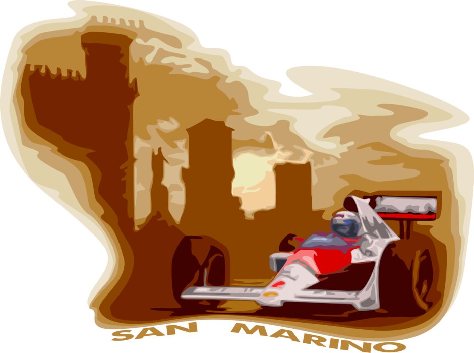 Vector Illustration of Medieval Walled City of San Marion with Grand Prix Formula One Championship Race Car