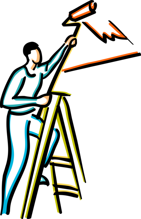 Vector Illustration of Home Renovation and Decoration Painter Painting with Paint Roller Brush and Step Ladder