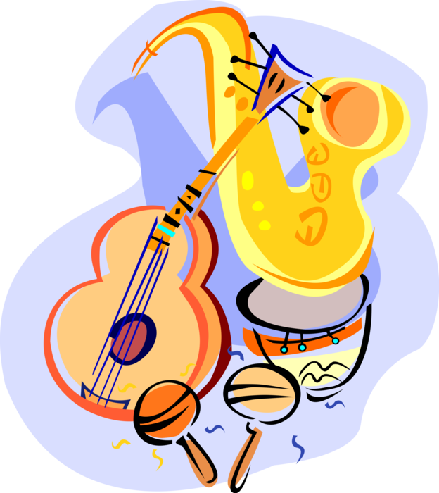 Vector Illustration of Saxophone Brass Woodwind Instrument, Acoustic Guitar, Drum and Maracas