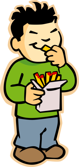 Vector Illustration of Primary or Elementary School Student Asian Boy Eating French Fries