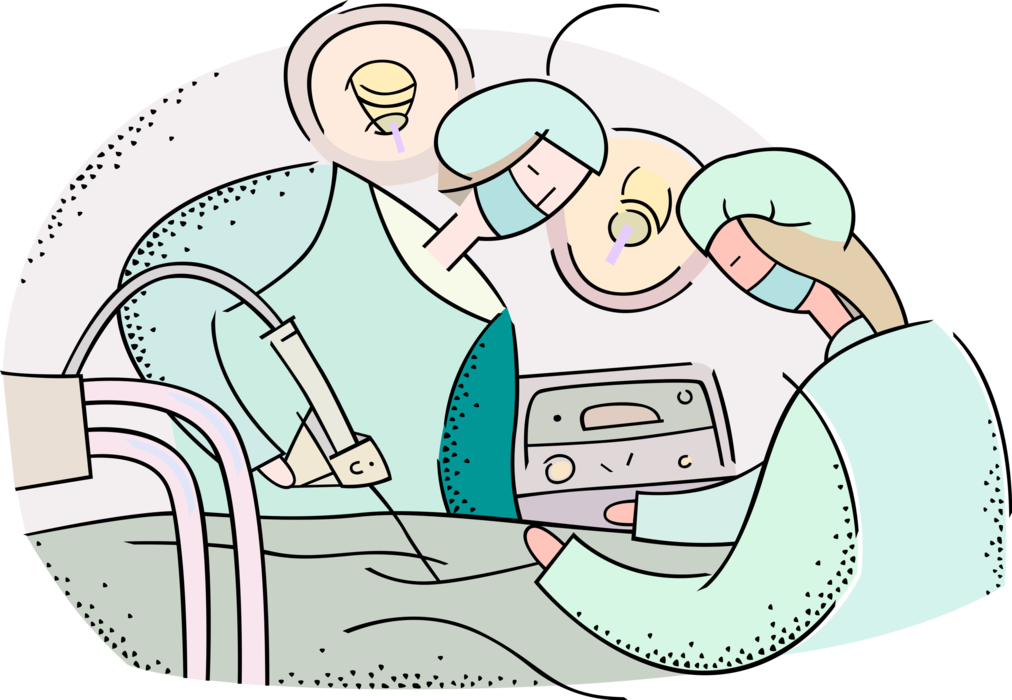 Vector Illustration of Health Care Professional Doctor Physician Performing Laser Surgery in Hospital Operating Room