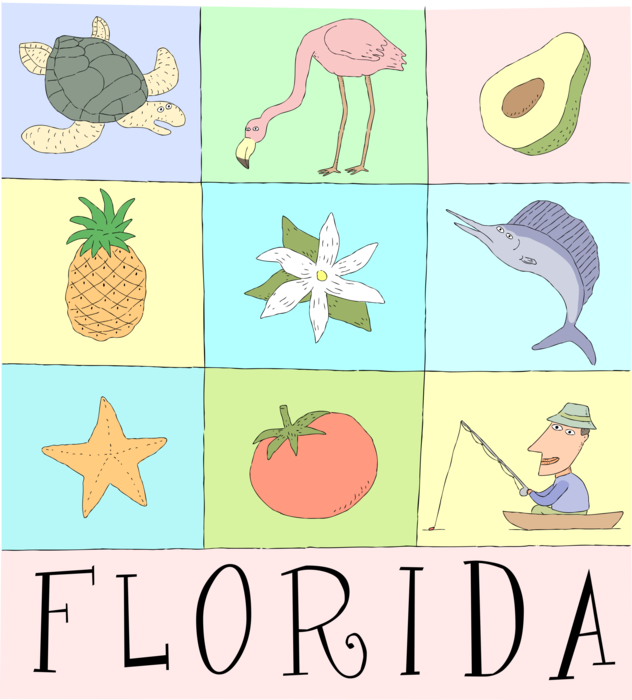Vector Illustration of Florida Postcard with Turtle, Flamingo, Avocado, Pineapple, Marlin, Seashell and Fisherman Angler