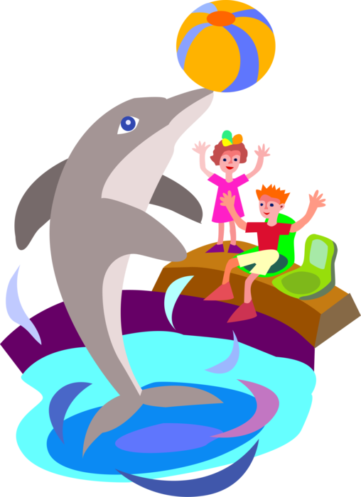 Vector Illustration of Aquatic Marine Mammal Cetacean Dolphin Playing in Pool with Children Watching