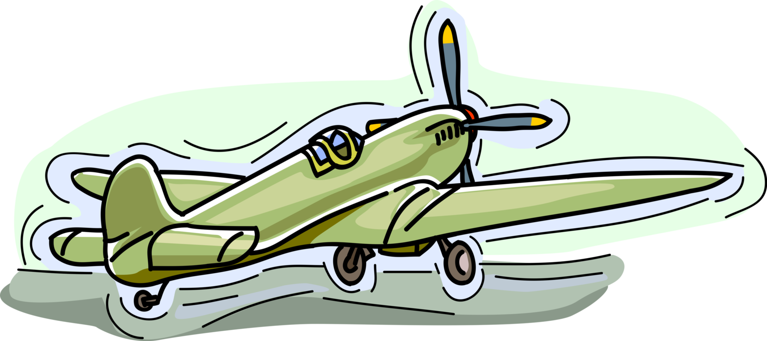 Vector Illustration of Fixed-Wing Propeller Aircraft Airplane Takes Off from Airport Runway