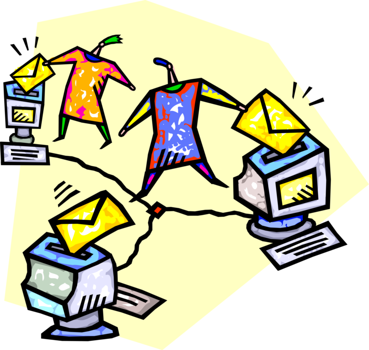 Vector Illustration of Email Correspondence via Computer Network with Mail or Postal Airmail, Envelope, Letter