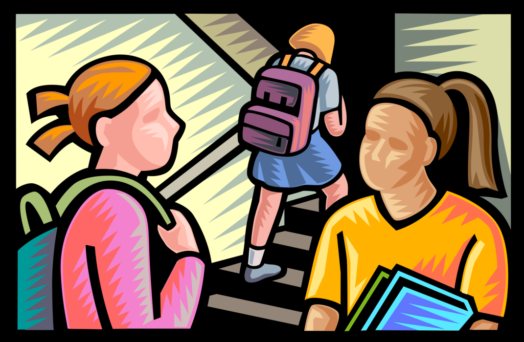 Vector Illustration of Students Engage in Conversation in School Hallway Before Class