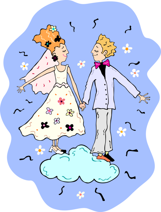 Vector Illustration of Wedding Day Bride and Groom in Marriage Ceremony
