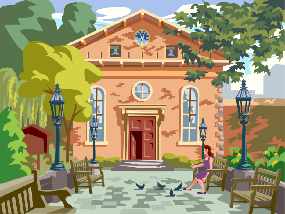 Vector Illustration of Feeding Pigeon Birds at Park Bench 