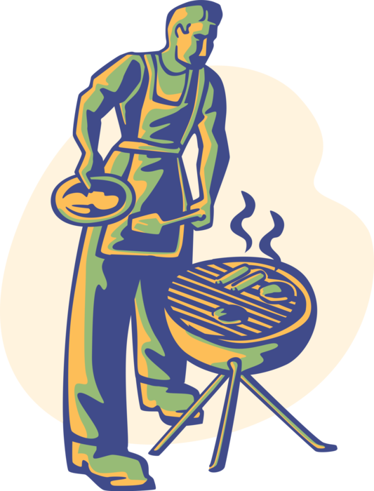 Vector Illustration of Outdoor Chef Cooks Hotdog on Barbecue, Barbeque or BBQ Outdoor Cooking Grill 